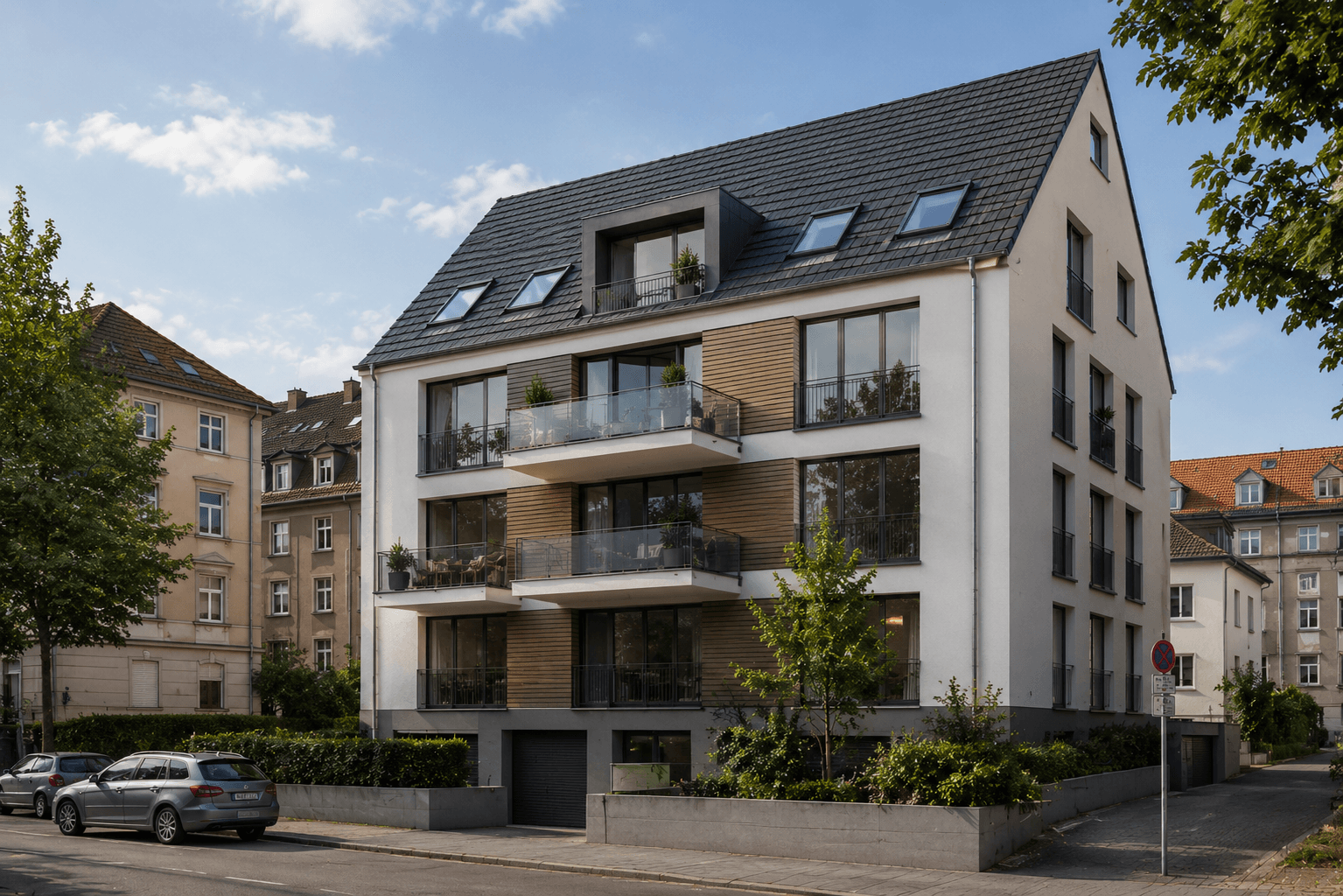 Modernes Stadthaus mit Holzbalkonen und Schieferdach in Stuttgart